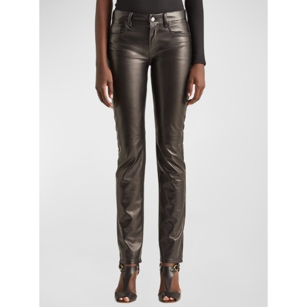 Ralph Lauren Dakota Metallic Lamb Leather Pants Slim Straight‎ Silver Women's 4